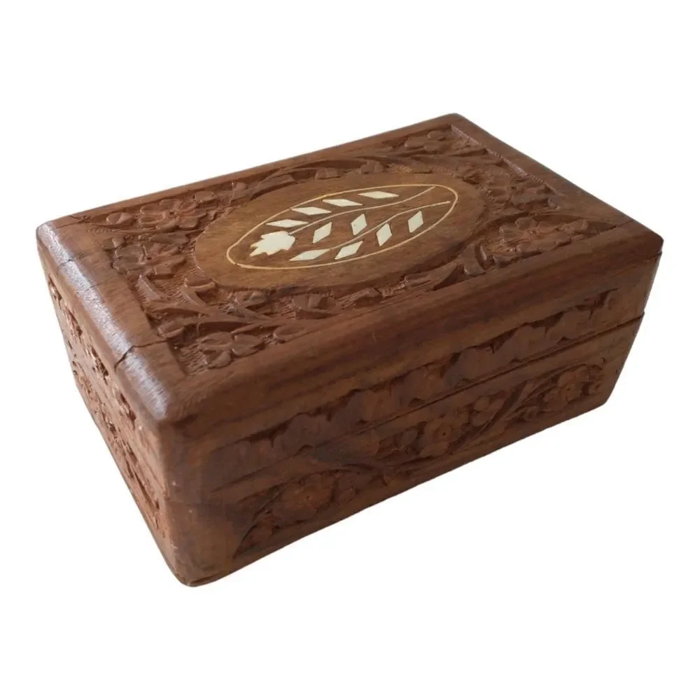 Vintage Hand‎ Carved Wood Trinket Box Jewelry MOP Abalone Inlay Floral Keepsake